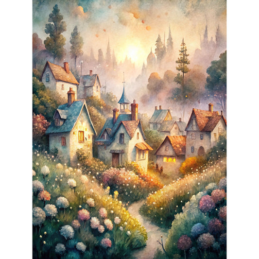 watercolor style, fantasy village, cottage houses, warm orange, soft blue, sage green, misty purple, glowing lights, whimsical architecture, dreamy atmosphere, fairy tale scene, enchanted village, soft pastels, magical glow, storybook illustration, fabric panel, quilting cotton, fantasy landscape, cozy cottages, ethereal mist