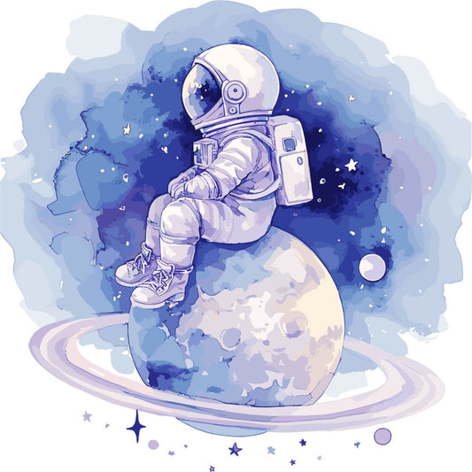 astronaut, space, celestial, galaxy, planets, stars, moon, cosmos, watercolor, blue, navy blue, periwinkle, lavender, purple, white, cream, whimsical, modern, dreamy, adventure, exploration, cosmic, spaceman, sci-fi, science fiction, clouds, nebula, children's, nursery, baby