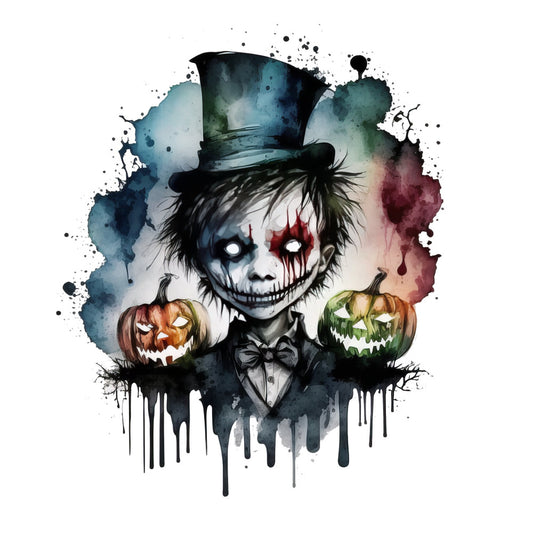 halloween, skull face, jack-o-lantern, pumpkin, spooky, gothic, skeleton makeup, top hat, bow tie, watercolor, splatter, dark academia, horror, autumn, fall, teal, deep blue, burgundy red, black, cream white, creepy, eerie, festive, seasonal, costume, trick-or-treat, haunted, macabre, elegant gothic, artistic