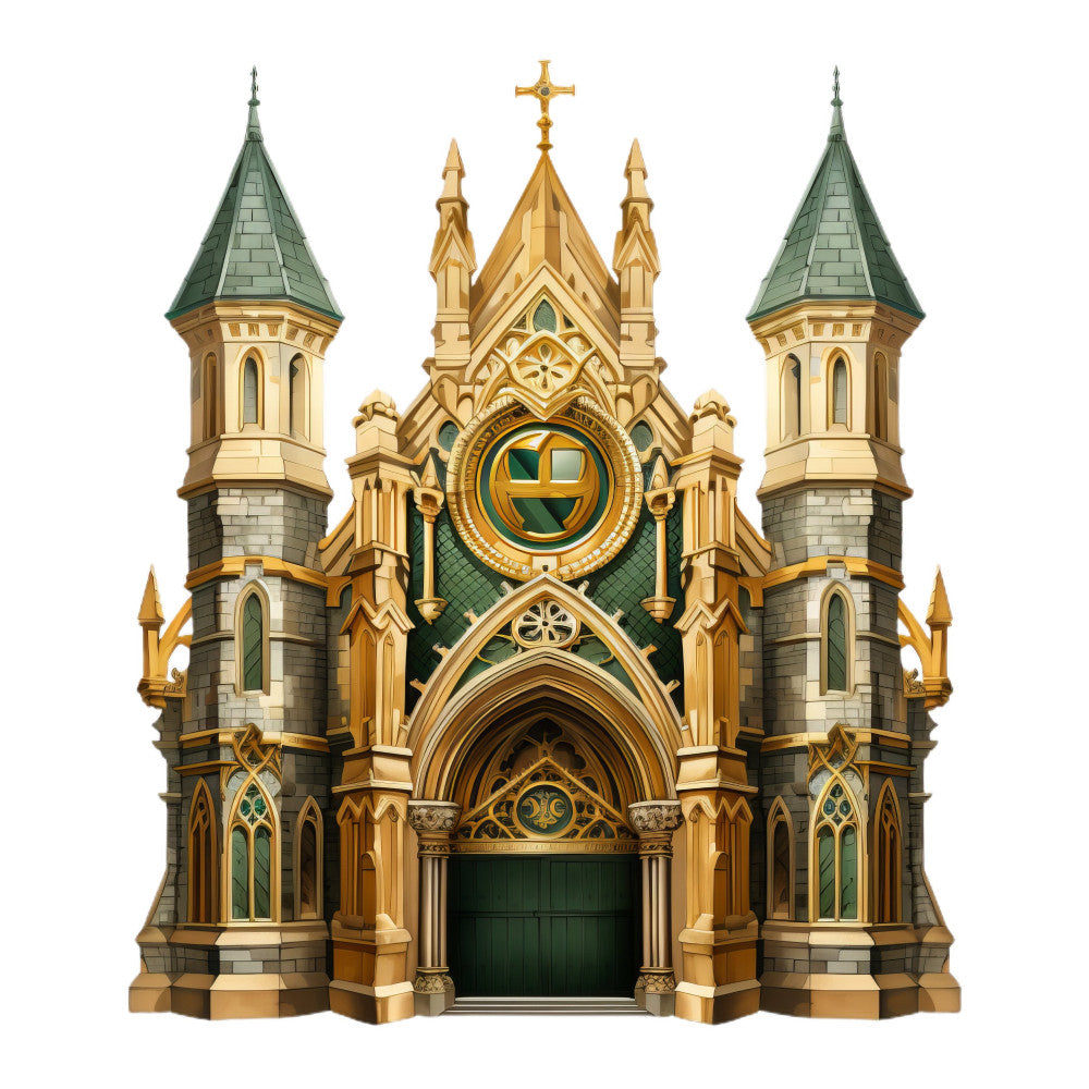 cathedral, gothic, architecture, ornate, gold, cream, ivory, forest green, emerald green, sage green, gray, stone, religious, church, spiritual, victorian, elegant, vintage, detailed, intricate, decorative, classic, traditional, majestic, symmetrical, building, landmark, heritage, historical, stained glass