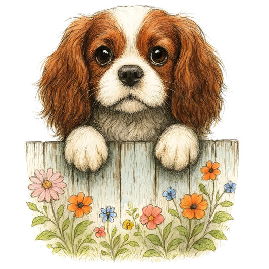 cavalier king charles spaniel, dog, puppy, brown and white, cream, rust, orange, pink, blue, floral, flowers, daisy, garden, nature, animals, pets, whimsical, sweet, charming, spring, summer, cottagecore, farmhouse, rustic, vintage, adorable, child-friendly, baby quilt, wall hanging, nursery