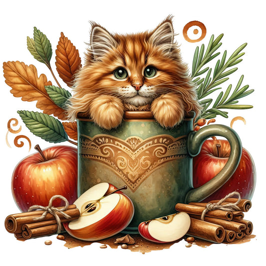 fluffy cat, ginger tabby, orange cat, forest green, rust orange, cream, apples, cinnamon sticks, autumn leaves, rosemary sprigs, whimsical, vintage, rustic, farmhouse, nature, animals, fall, autumn, botanical, decorative pot, cozy, cottage core, folk art, harvest, warm tones, woodland, kitchen themed, spice inspired