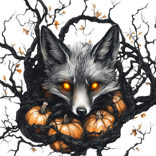 black and white, burnt orange, golden yellow, glow in the dark, fox, wolf, mystical, spooky, halloween, autumn, fall, pumpkins, bare branches, glowing eyes, supernatural, dark fantasy, gothic, whimsical, nature, woodland creatures, seasonal, horror, magic, enchanted, black branches, orange pumpkins, creepy cute, trick or treat, harvest, october
