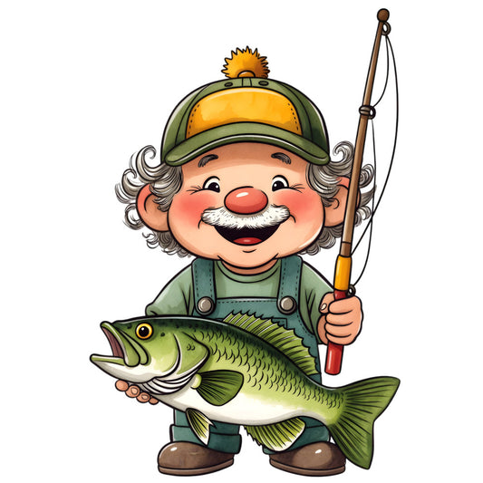 fishing, fisherman, old man, grandfather, novelty, whimsical, character, green fish, bass, humor, funny, nostalgic, vintage, outdoor, nature, recreation, hobbies, sports, forest green, golden yellow, olive green, cream white, red nose, portrait, children's, playful, rustic, folk art, traditional, leisure