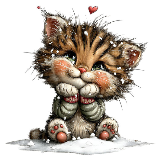 tabby cat, fluffy kitten, winter, snow, hearts, love, cute animals, cat lover gift, festive, holiday, whimsical, adorable, brown tabby, cream white, rose pink, red hearts, playful, charming, cat themed, seasonal, cozy, sweet, decorative panel, novelty print, children's fabric, pet lover, striped fur, realistic illustration, romantic, winter snow scene