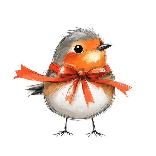 robin, bird, orange, red, white, gray, grey, cream, festive, holiday, christmas, winter, whimsical, cute, adorable, animal, nature, red bow, ribbon, seasonal, greeting card, decoration, gift, charming, traditional, folk art, illustrated, sketch style, winter bird