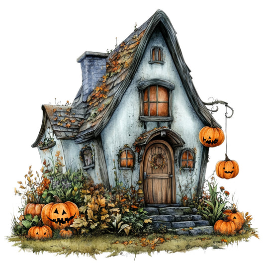 watercolor, witch house, halloween, pumpkins, jack-o-lanterns, orange, gray, autumn, spooky cottage, fabric panel, quilting, cotton, seasonal, gothic architecture, fall foliage, carved pumpkins, stone steps, wooden door, chimney, whimsical, fantasy home