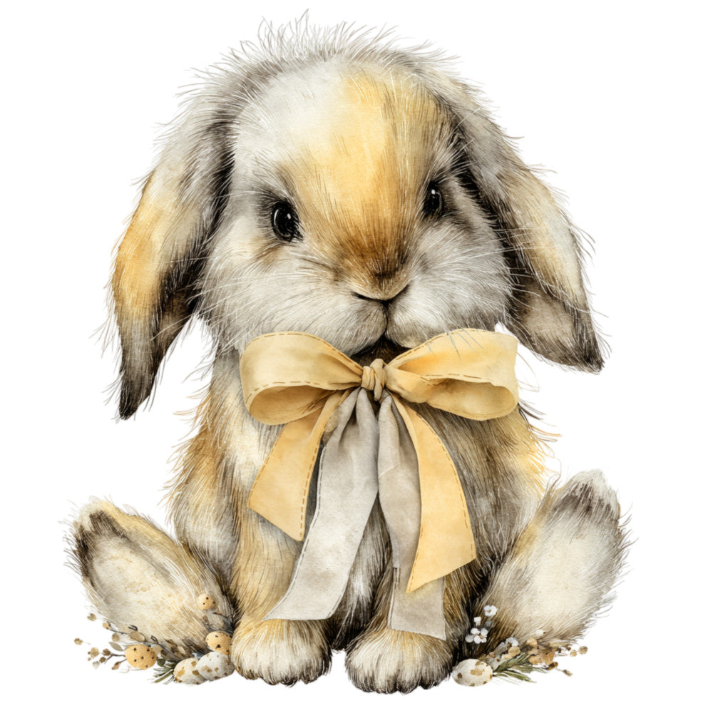 cream bunny, lop-eared rabbit, soft brown, tan, beige, cream, butter yellow, pastel yellow, gray, charcoal gray, animals, woodland creatures, whimsical, sweet, adorable, baby animal, springtime, spring, easter, nursery, children's, cute, decorative bow, ribbon detail, nature-inspired, gentle, soft, baby quilt, wall hanging, nursery decor