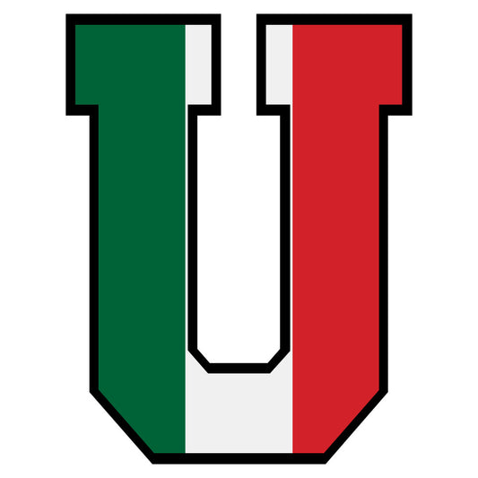 green, white, red, letter u, mexican flag colors, patriotic, alphabet panel, fabric panel, quilting cotton, crafting material, bold lettering, tricolor design, geometric shapes, educational fabric, sewing project, applique design, bright colors, shield shape, block letters, national colors