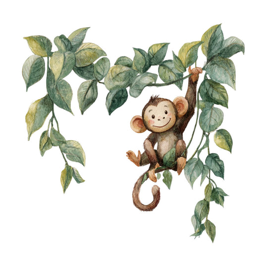 monkey, swinging, vines, leaves, botanical, animals, whimsical, playful, children's, baby, nursery, forest green, sage green, cream, brown, tan, nature themed, jungle, adorable, cute, illustrated, watercolor style, hanging vines, leafy branches, playroom, baby quilt, wall hanging, storybook, gentle, soft colors