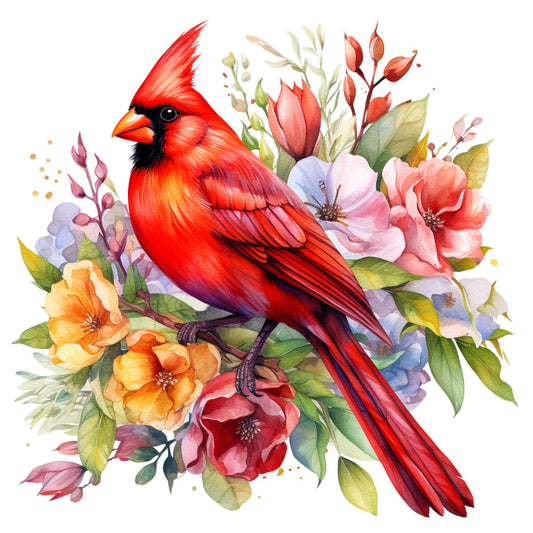 red cardinal, bird, floral arrangement, watercolor style, botanical elements, bright red, coral pink, orange blooms, purple flowers, green leaves, fabric panel, quilting cotton, nature theme, spring flowers, wildlife art, decorative panel, soft pastels, garden birds, mixed florals, artistic illustration