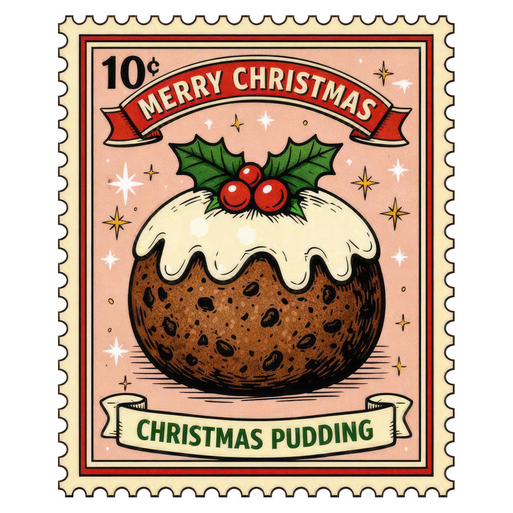 christmas pudding, holiday, vintage, retro, traditional, whimsical, festive, cream, brown, red, forest green, gold, stars, holly, berries, dessert, food, classic, nostalgic, stamp, postage, british, winter, christmas, seasonal, cute, decorative, wall hanging, quilting panel
