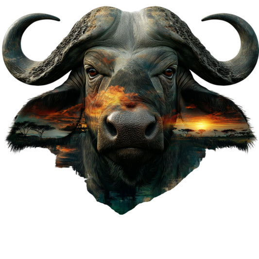 buffalo head, african wildlife, animal portrait, savanna sunset, burnt orange, golden yellow, deep teal, charcoal gray, double exposure, nature scene, landscape blend, double image, wildlife art, safari theme, dramatic lighting, sunset imagery, rustic style, nature inspired, earth tones, majestic animals, horns motif, indigenous design, tribal aesthetic, wall hanging, home decor, art panel, boho style, nature lover, adventure theme, wild animals