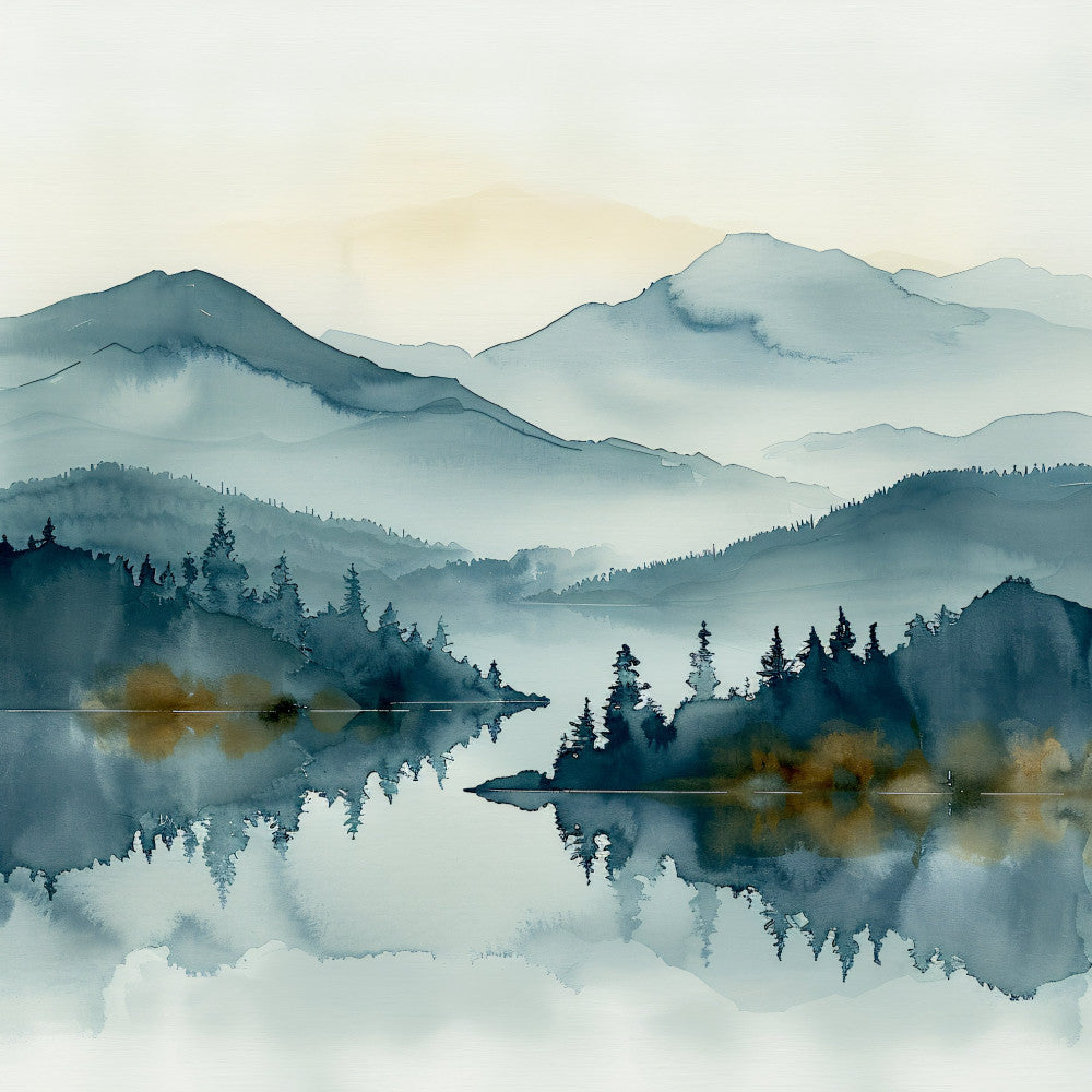 misty mountains, watercolor landscape, forest green, teal blue, sage green, slate blue, soft gray, muted tones, mountain scenery, evergreen trees, pine trees, lake reflection, foggy landscape, nature inspired, serene, peaceful, landscape art, scenic view, wilderness, rustic, modern farmhouse, artistic, abstract landscape, layered mountains, coniferous forest, tranquil water, atmospheric, nature lover, wall hanging, home decor