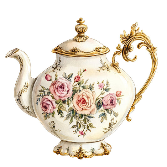 cream, blush pink, dusty rose, mauve, coral pink, sage green, golden brass, floral, roses, vintage, elegant, traditional, ornate, botanical, romantic, spring, porcelain, decorative, teapot, brass accents, scrollwork, damask, cottage core, feminine, classic, timeless, antique, homeware, tableware inspired, luxury