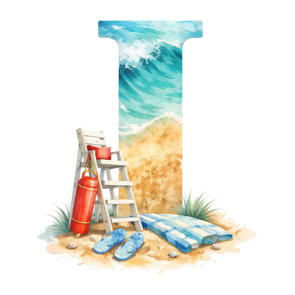 turquoise, aqua blue, sandy beige, cream, ocean waves, beach scene, lifeguard chair, red buoy, flip flops, beach towel, nautical, coastal, summer, seaside, tropical, whimsical, watercolor, illustration, relaxation, vacation, scenic, nature, sky, shore, sand, shells, beach themed, poolside, resort style
