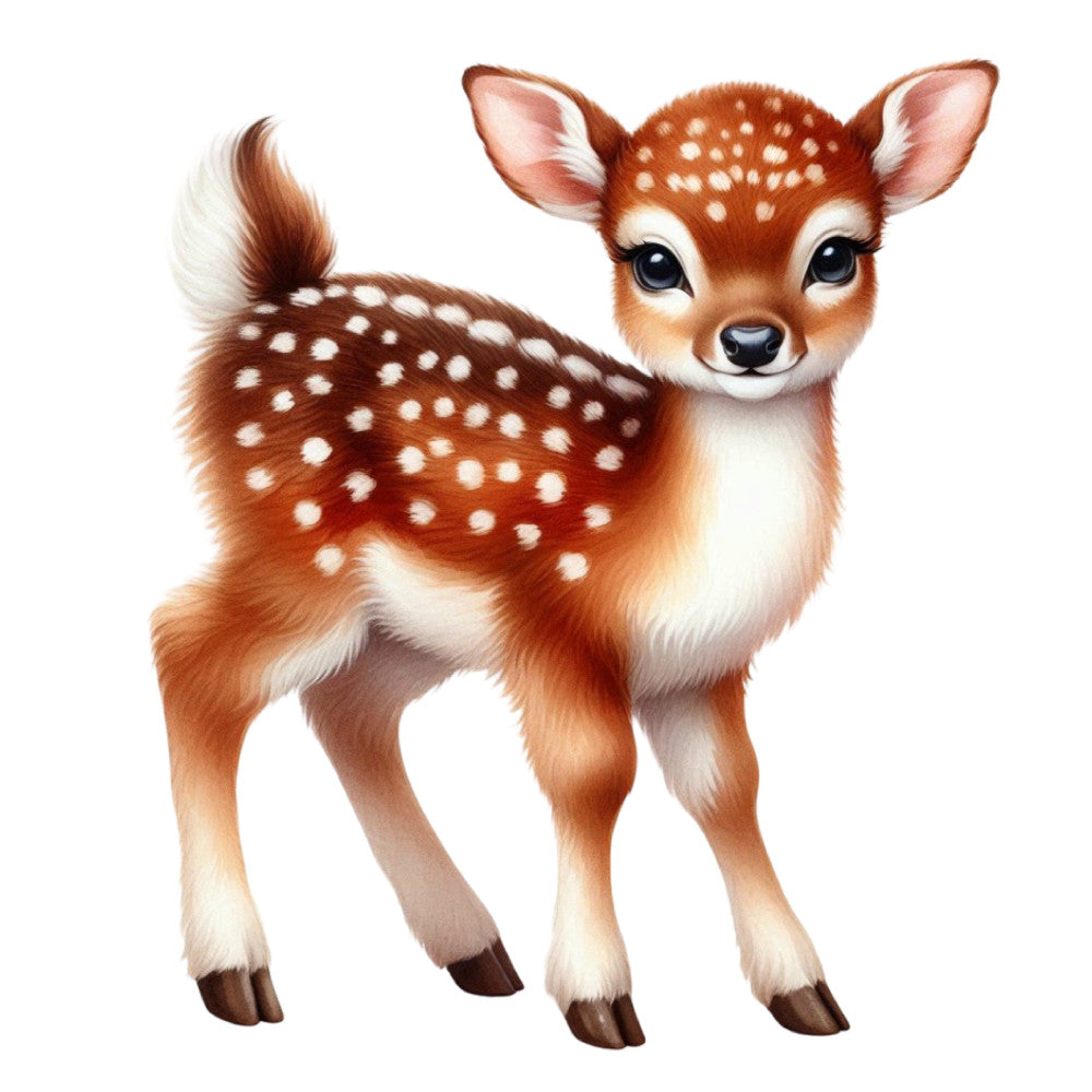 fawn, deer, baby deer, woodland animals, nature, forest, spotted, white spots, reddish brown, rust brown, cream, cute animals, whimsical, gentle, innocent, spring, summer, baby quilt, nursery, children's, adorable, illustration, realistic, soft, pastel, animal themed, docile, serene, peaceful