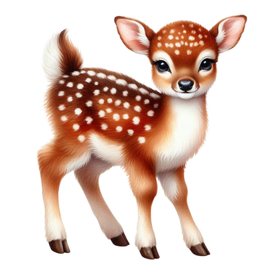 fawn, deer, baby deer, woodland animals, nature, forest, spotted, white spots, reddish brown, rust brown, cream, cute animals, whimsical, gentle, innocent, spring, summer, baby quilt, nursery, children's, adorable, illustration, realistic, soft, pastel, animal themed, docile, serene, peaceful