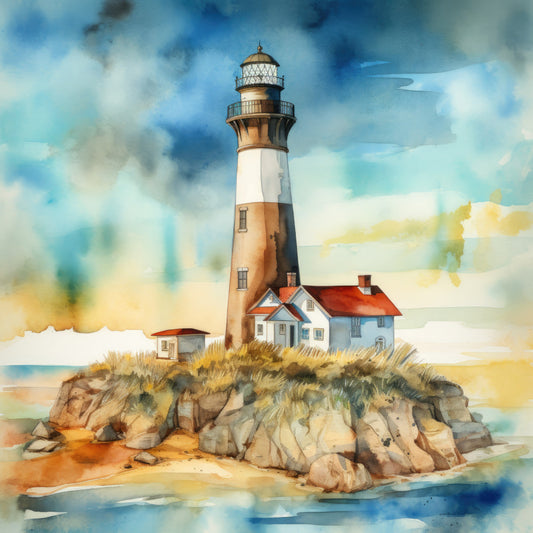 lighthouse, coastal, nautical, beach, seaside, watercolor, sky blue, cream, white, rust brown, golden yellow, tan, sage green, ocean blue, rocky shore, cottage, keeper's house, red roof, vintage, traditional, scenic, landscape, seascape, summer, coastal living, farmhouse, elegant, peaceful, serene, water scene
