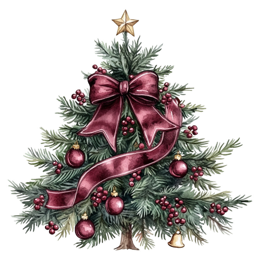 christmas tree, holiday, festive, burgundy, dusty rose, mauve, forest green, sage green, gold star, ornaments, berries, ribbon, bow, evergreen, pine, traditional, elegant, vintage, decorative, seasonal, christmas, winter, metallic gold, pearl beads, classic, timeless, botanical, nature-inspired