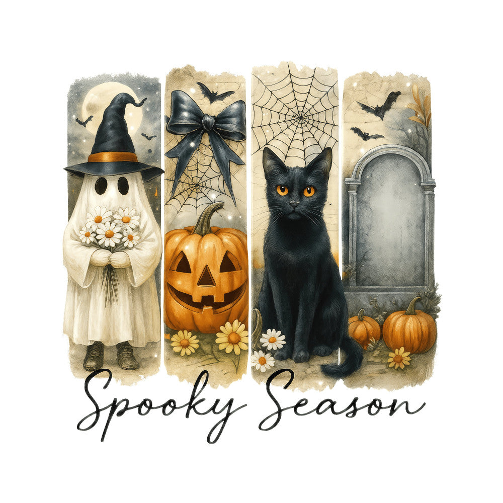 spooky season, halloween, black cat, witch hat, pumpkin, jack-o-lantern, spider web, bat, gravestone, tombstone, daisy flowers, orange, black, cream, ivory, whimsical, vintage, autumn, fall, halloween decor, gothic, festive, seasonal, trick-or-treat, haunted, black and orange, folk art, illustrative, whimsy, retro halloween