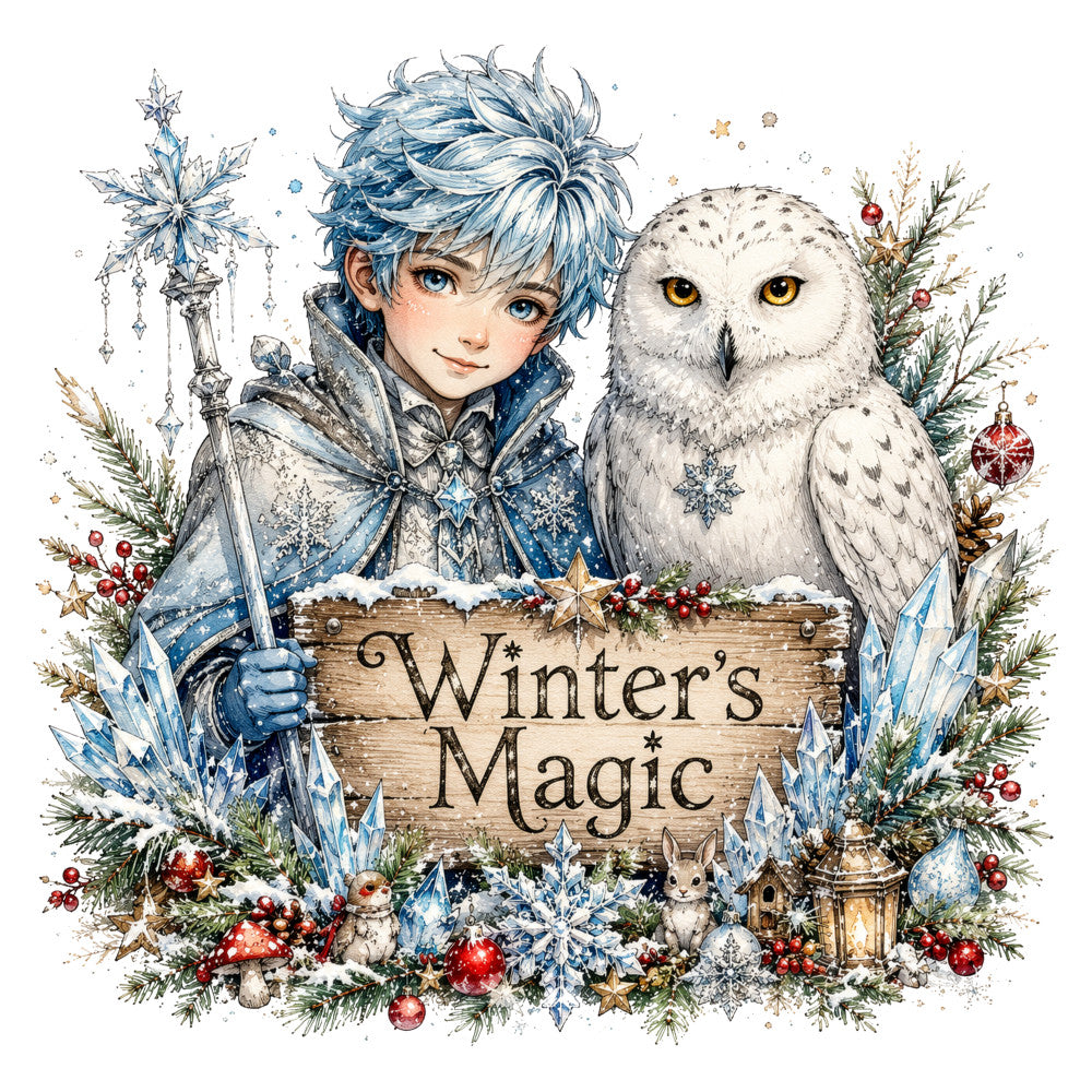 winter magic, ice blue, silver, white, gold accents, red berries, snowflake, celestial, whimsical, fantasy, magical, snowy, holiday, christmas, winter, child character, owl, evergreen branches, frosted, enchanted, elegant, storybook, fairy tale, decorative panel, seasonal, icy blue tones, crystalline, festive, nature-inspired