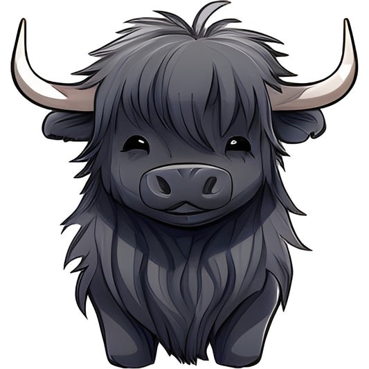 charcoal gray, dark gray, cream, taupe, highland cattle, highland cow, yak, long-haired bull, cute animals, whimsical, quirky, folk art, farmhouse, rustic, horns, shaggy hair, adorable, childlike, playful, nature-inspired, animal character, cartoon style, gentle expression, cozy, decorative panel, home décor, kids' fabric, animal lovers, scottish highlands, livestock portrait
