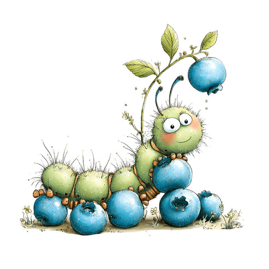 whimsical, caterpillar, blueberries, green, blue, nature, children's, cute, playful, illustration, storybook, animals, insects, fruit, spring, summer, garden, magical, fantasy, charming, sweet, kid-friendly, picture book, woodland, berries, leaf, stem, colorful, cheerful, decorative