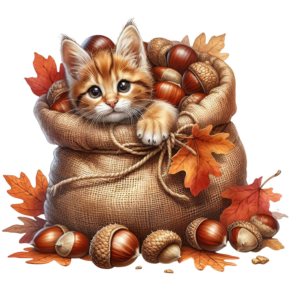 autumn cat, fall kitten, orange leaves, acorns, chestnuts, burlap sack, nature animals, woodland creatures, seasonal autumn, harvest theme, warm browns, rust orange, cream white, cozy fall, whimsical animals, cute kitten, rustic style, autumn harvest, fall foliage, nature-inspired, baby quilt, children's fabric, storybook illustration, cottage core, farmhouse style, warm neutral tones, autumn animal panel, seasonal fabric, decorative panel