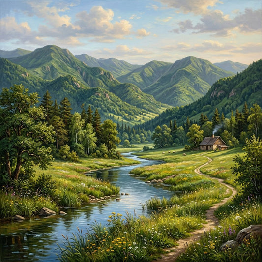 landscape, mountain, scenic, nature, forest green, sage green, olive green, sky blue, cream, pastoral, countryside, rolling hills, river, stream, cabin, farmhouse, trees, meadow, wildflowers, rustic, traditional, peaceful, scenic panel, nature panel, mountain scenery, summer landscape, cottage scene, rural landscape, outdoor scene, wildlife habitat