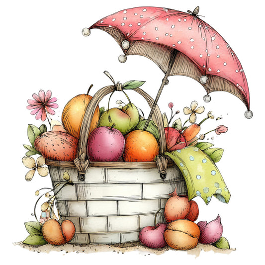 coral pink, polka dots, fruits, flowers, basket, umbrella, whimsical, spring, summer, nature, garden, floral, apples, oranges, berries, daisies, raindrops, rainy day, pastoral, vintage, cottage core, whimsy, botanical, soft colors, cream, tan, sage green, dusty rose, warm tones, children's