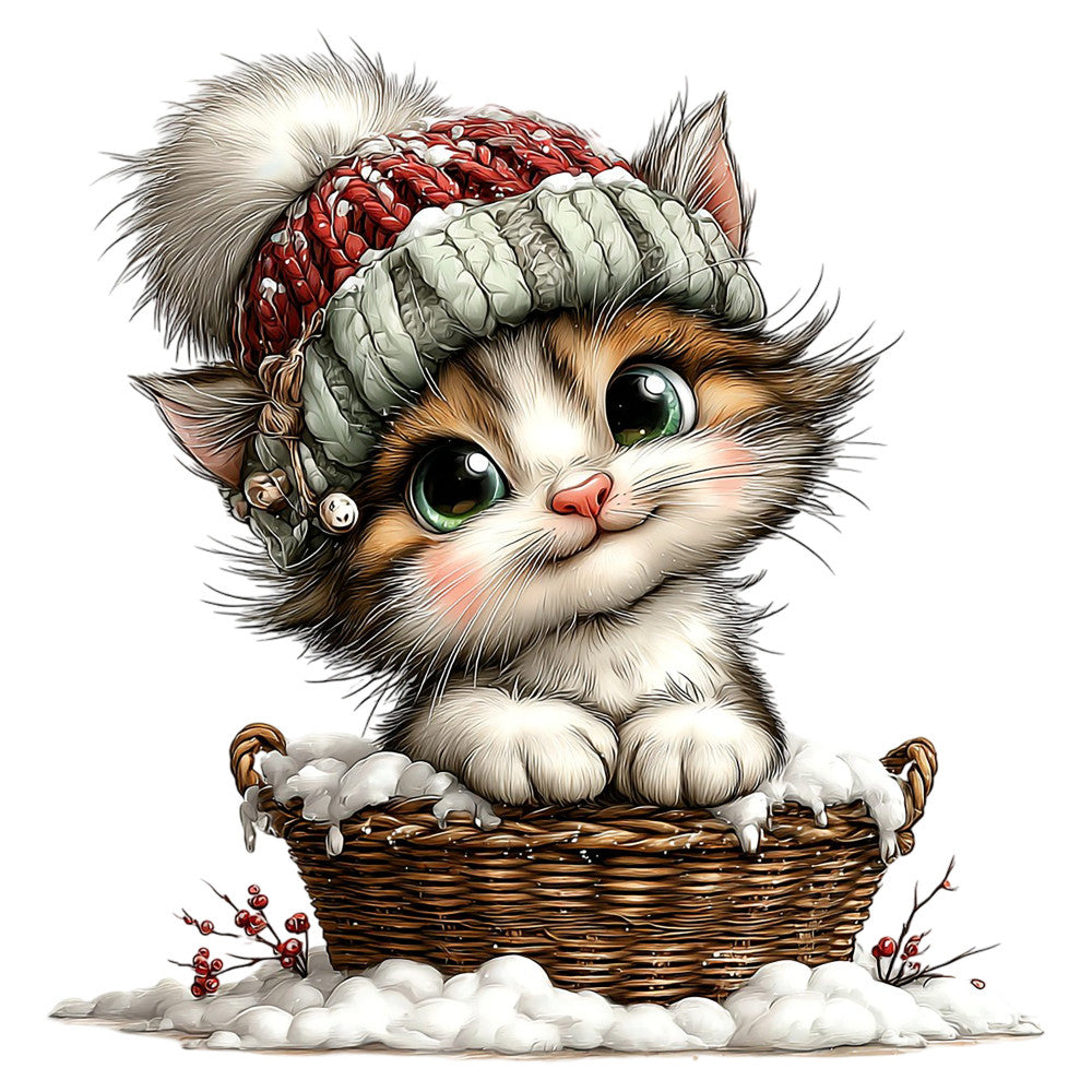 cute cat, kitten, winter, christmas, holiday, snow, festive, cozy, whimsical, adorable, calico, tabby, fluffy, basket, red hat, santa hat, green eyes, magical, charming, children's, nursery, baby, playful, nostalgic, cottage core, storybook, illustration style, cream, white, red