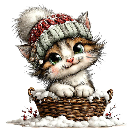 cute cat, kitten, winter, christmas, holiday, snow, festive, cozy, whimsical, adorable, calico, tabby, fluffy, basket, red hat, santa hat, green eyes, magical, charming, children's, nursery, baby, playful, nostalgic, cottage core, storybook, illustration style, cream, white, red