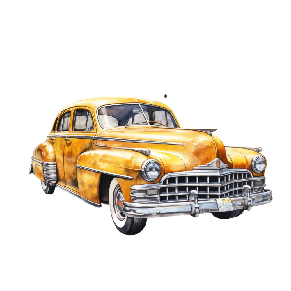 golden yellow, chrome silver, white wall tires, vintage car, retro automobile, 1950s, classic car, hot rod, nostalgic, americana, transportation, mid-century modern, metallic accents, art deco, whimsical, collectible car, diner style, retro vehicles, yellow sedan, chrome details, vintage transport, nostalgic americana, classic vehicles, 1940s-1950s, decorative panel, novelty print, character fabric, automotive theme, retro style