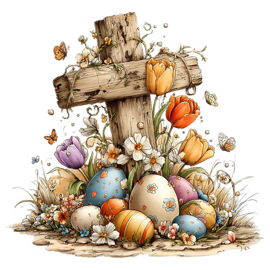 fabric panel, wooden cross, easter eggs, spring flowers, tulips, butterflies, pastel colors, orange, purple, blue, yellow, floral design, rustic wood, weathered cross, cottage core, watercolor style, quilting cotton, seasonal motif, nature scene, garden flowers