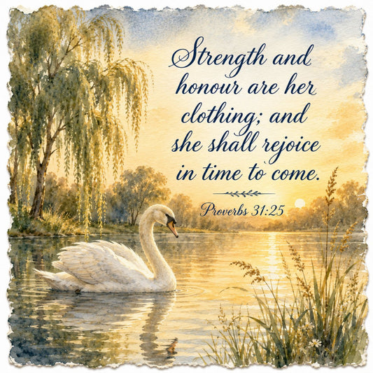 cream swan, soft yellow, gold, sage green, blue gray, nature, wildlife, water, lake, willow tree, bird, inspirational, scripture, proverbs, peaceful, serene, elegant, traditional, botanical, landscape, sunrise, sunset, spring, summer, grace, strength, honor, spiritual, contemplative, ombre watercolor