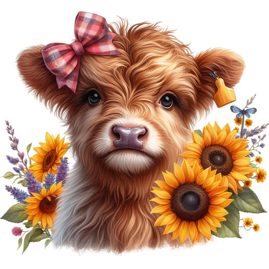 Rustic Sunflower Highland Cows Fabric Panel 29