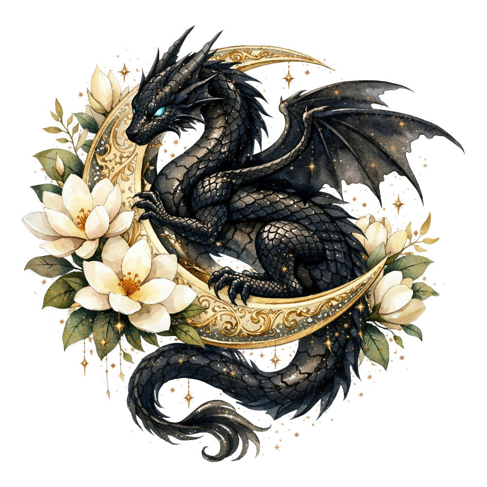 black dragon, cream flowers, gold ornamental, celestial, fantasy, magical, dark academia, gothic, elegant, whimsical, mystical, ornate scrollwork, white blooms, green leaves, starry, sparkle accents, nature, mythical creatures, decorative border, ethereal, enchanted, baroque style, luxury, dramatic, dark moody tones, intricate detail, floral arrangement, statement print
