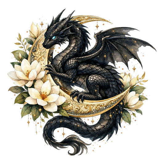 black dragon, cream flowers, gold ornamental, celestial, fantasy, magical, dark academia, gothic, elegant, whimsical, mystical, ornate scrollwork, white blooms, green leaves, starry, sparkle accents, nature, mythical creatures, decorative border, ethereal, enchanted, baroque style, luxury, dramatic, dark moody tones, intricate detail, floral arrangement, statement print