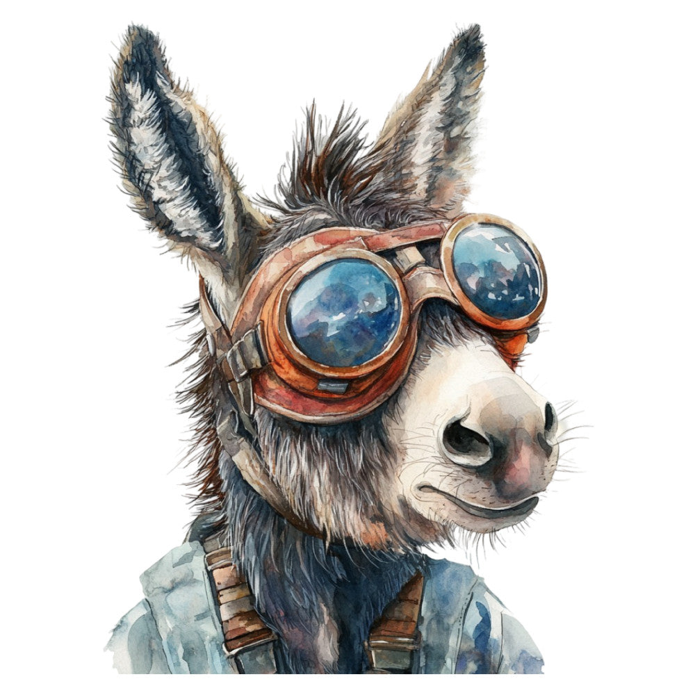 steampunk donkey, whimsical animals, goggles, aviator goggles, steampunk goggles, blue lenses, rust orange, slate blue, cream white, charcoal gray, brown accents, animal illustration, quirky portrait, vintage steampunk, industrial style, whimsical style, bohemian, eclectic, adventure theme, traveling theme, fantasy animals, anthropomorphic, character design, steampunk fashion, retro futuristic, curious creatures, statement fabric, novelty print, mixed media inspired