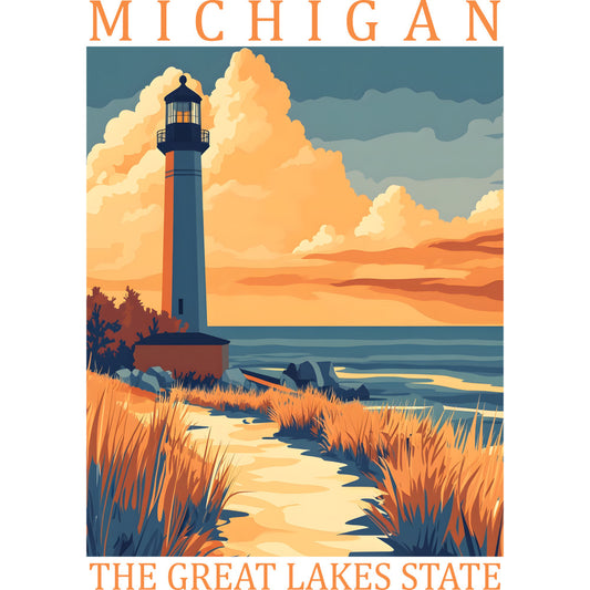 michigan, great lakes state, lighthouse, coastal scene, orange sunset, golden yellow, teal blue, vintage poster style, travel poster, fabric panel, quilting cotton, lake shore, autumn colors, maritime theme, scenic landscape, retro illustration, warm tones, beach grass, cloudy sky, nautical