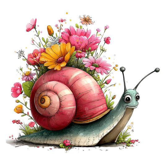 whimsical snail, coral pink, golden yellow, sage green, floral, nature, garden, animals, insects, flowers, daisies, gerberas, roses, botanical, spring, summer, whimsical style, playful, cottage core, storybook illustration, children's, nursery, decorative panel, wall hanging, cushion cover, dusty rose, cream, hand-painted, illustrated, cute creatures