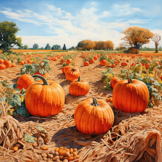 autumn, fall, pumpkin patch, pumpkins, harvest, thanksgiving, orange, burnt orange, golden yellow, sage green, sky blue, cream, farmhouse, rural, countryside, pastoral, nature, agricultural, rustic, traditional, seasonal, autumn harvest, field, crops, trees, pumpkin picking, fall decoration, festive, warm tones, bucolic