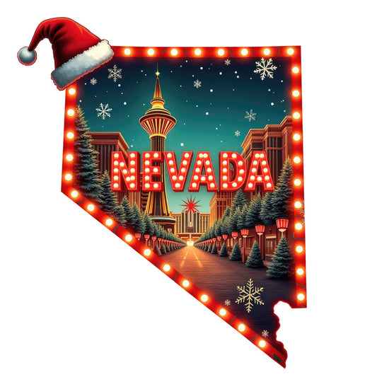 Christmas US States Fabric Panel 23 featuring Nevada with festive holiday lights, snowflakes, and a Santa hat design.