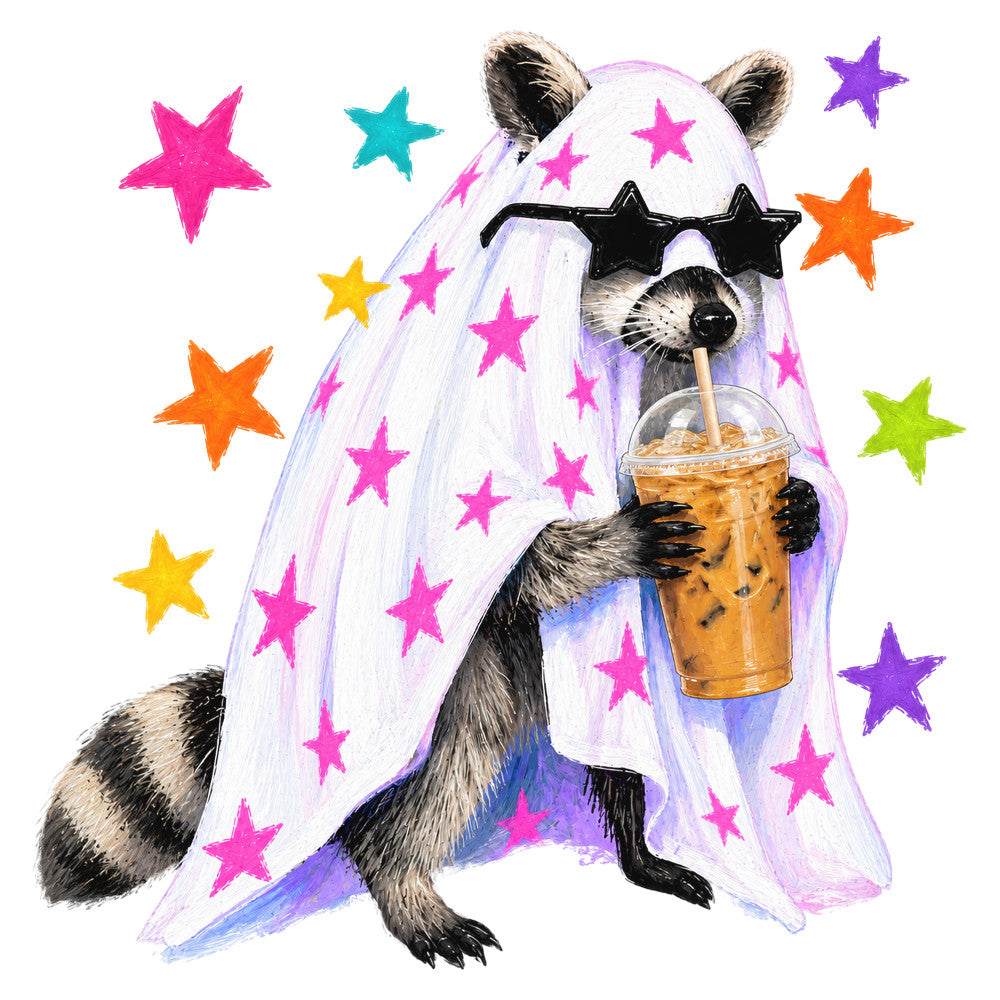 raccoon, stars, whimsical, hot pink, magenta, purple, lavender, orange, yellow, lime green, teal, cyan, black, cute animals, fun, playful, modern, colorful, beverage, iced drink, sunglasses, cool, trendy, celestial, multi-colored, kids, youth, vibrant, contemporary, star pattern