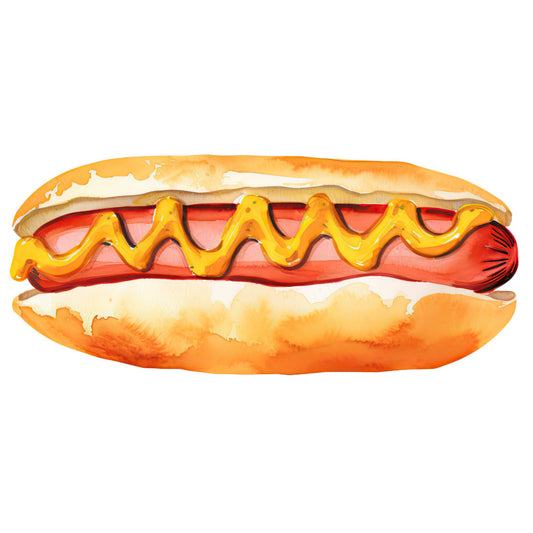 hot dog, mustard yellow, bright red, golden yellow, cream, tan, food, novelty, whimsical, fun, playful, casual, contemporary, summer, picnic, barbecue, cookout, food print, retro, vintage diner, kitsch, bold graphic, humorous, diner style, fast food, snack theme, children's, kid-friendly, bright colors, graphic design