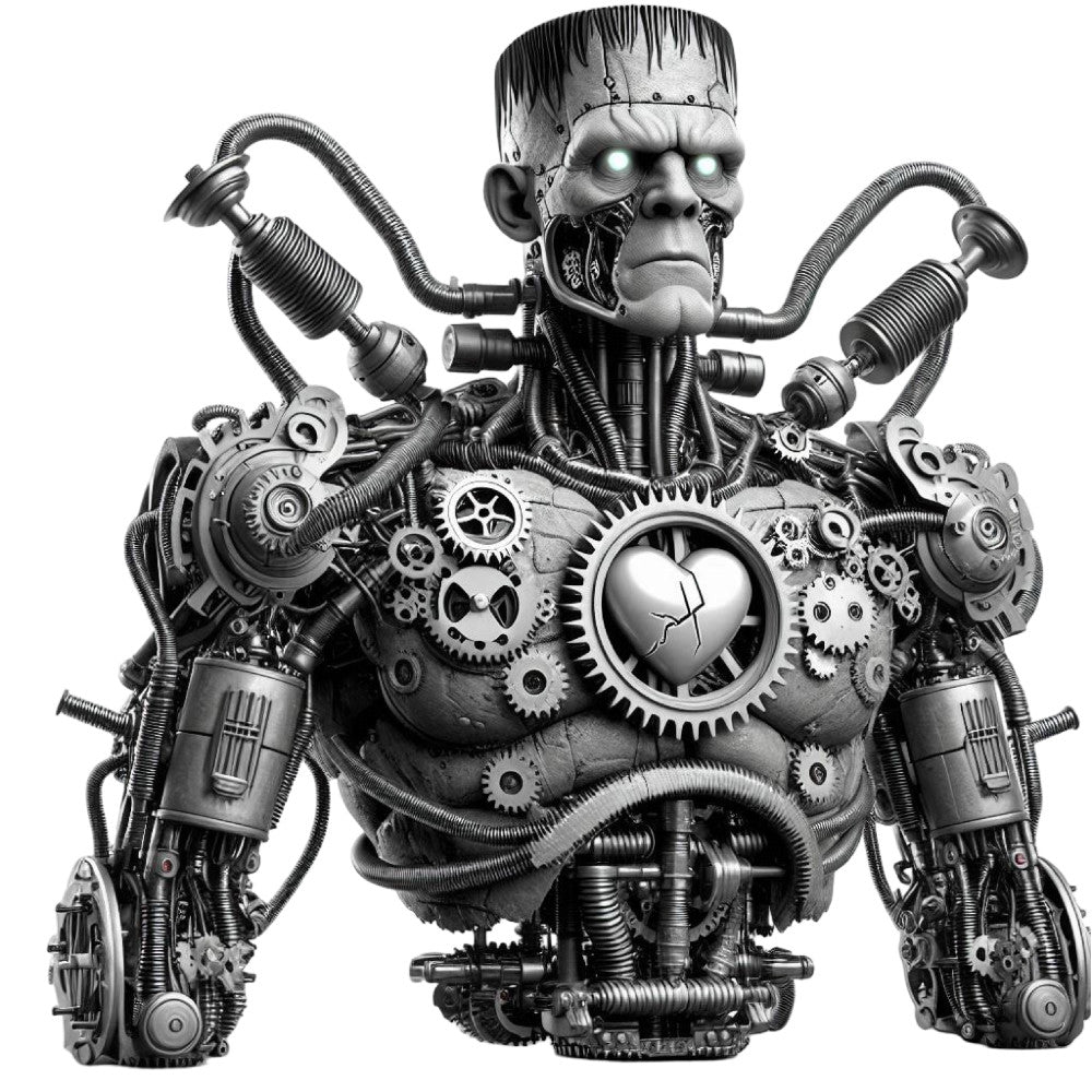 steampunk, black and white, monochrome, gear, mechanical, industrial, victorian, gothic, robot, futuristic, sci-fi, science fiction, abstract, modern, gears and cogs, heart motif, mechanical heart, pipes and tubes, metal, machinery, dark, dramatic, contemporary, retro-futuristic, dystopian, vintage industrial, anatomical, mechanical design, graphic, bold pattern