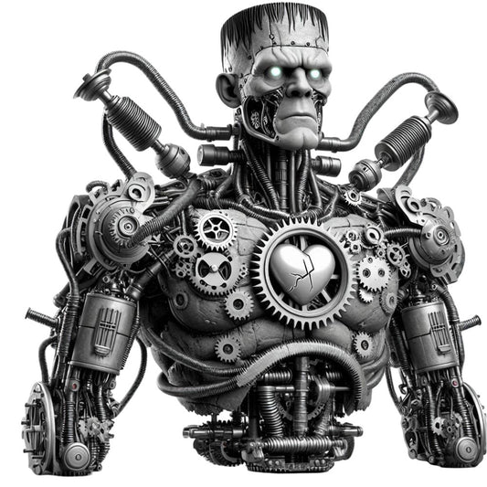 steampunk, black and white, monochrome, gear, mechanical, industrial, victorian, gothic, robot, futuristic, sci-fi, science fiction, abstract, modern, gears and cogs, heart motif, mechanical heart, pipes and tubes, metal, machinery, dark, dramatic, contemporary, retro-futuristic, dystopian, vintage industrial, anatomical, mechanical design, graphic, bold pattern