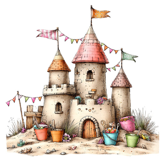 sand castle, beach theme, whimsical, coastal, children's, pastel pink, coral orange, soft green, cream, tan, sand colored, flags, bunting, buckets, shells, starfish, fairy tale, storybook, playful, imaginative, summer, seaside, adventure, nursery, baby, girl's room, decorative panel, illustration style, hand painted, vintage inspired