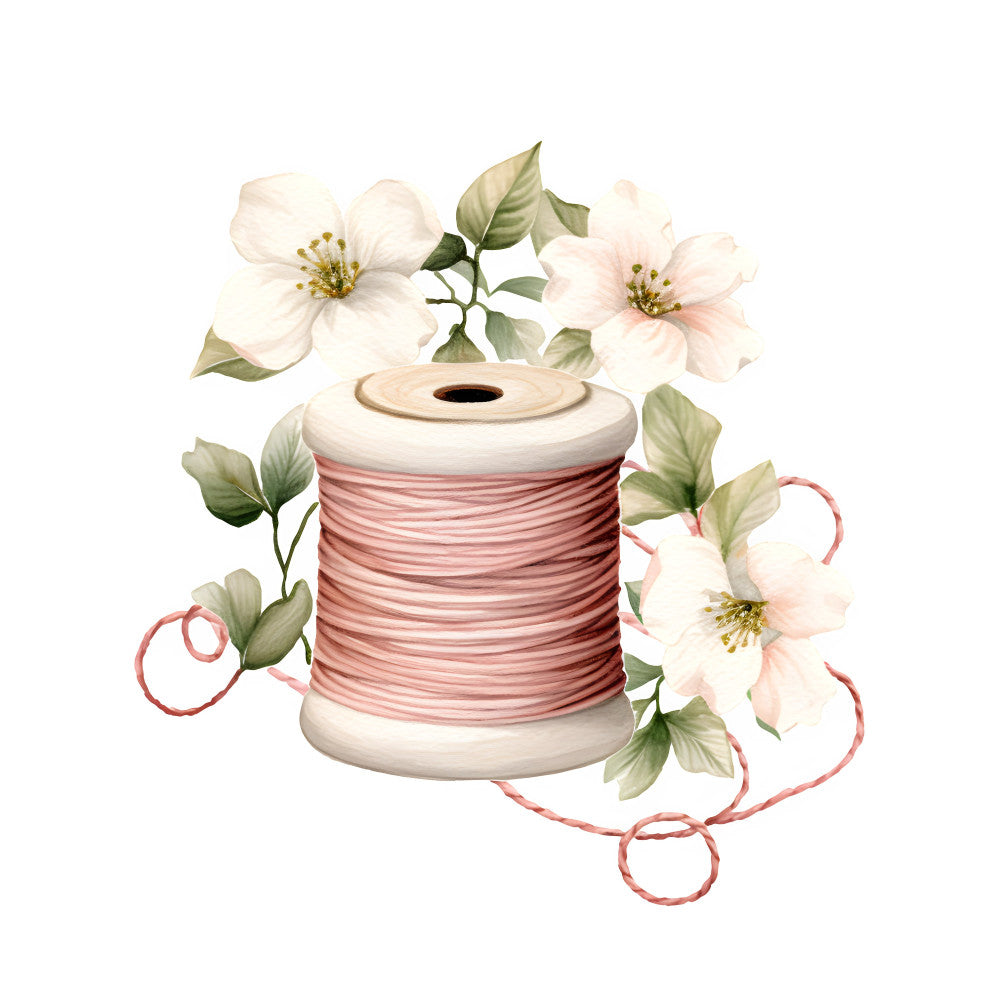 floral, white flowers, blush pink, dusty rose, coral pink, sage green, botanical, delicate, elegant, vintage, romantic, thread spool, sewing, cottage core, spring, nature, garden, timeless, traditional, feminine, whimsical, pastoral, applique, embroidery, needle and thread, crafty, nostalgic, soft colors, pastel, heirloom
